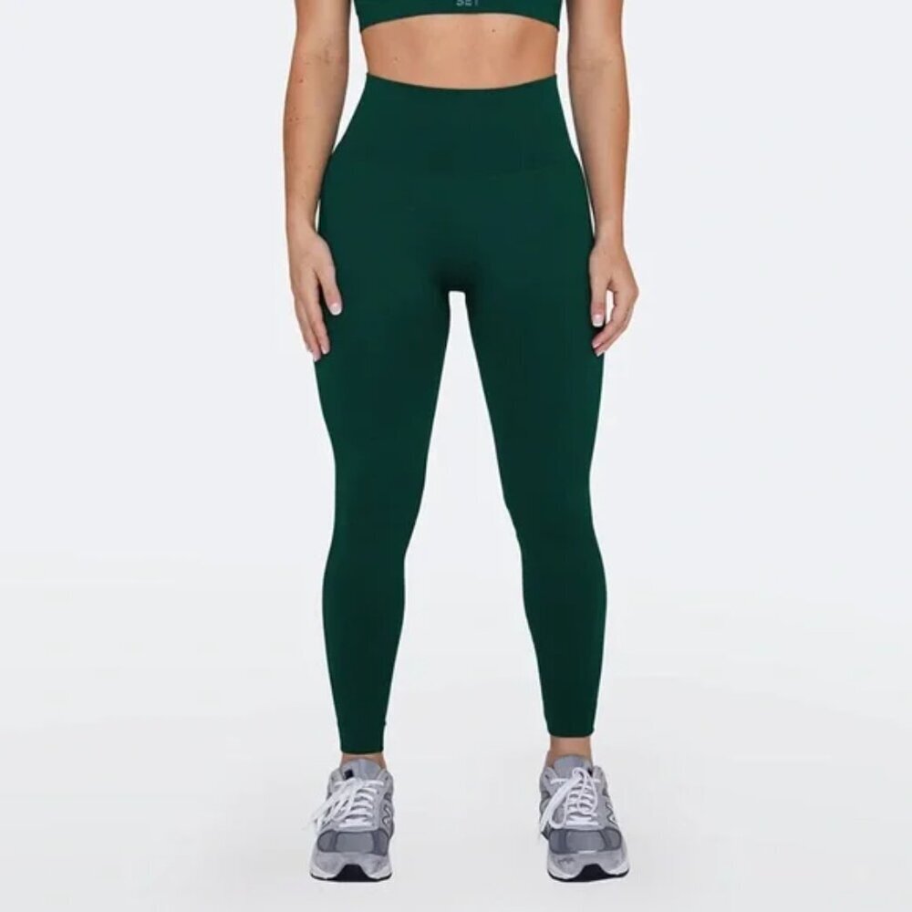 Set Active Ribbed High Waist Leggings Forest Green Size Medium athletic workout